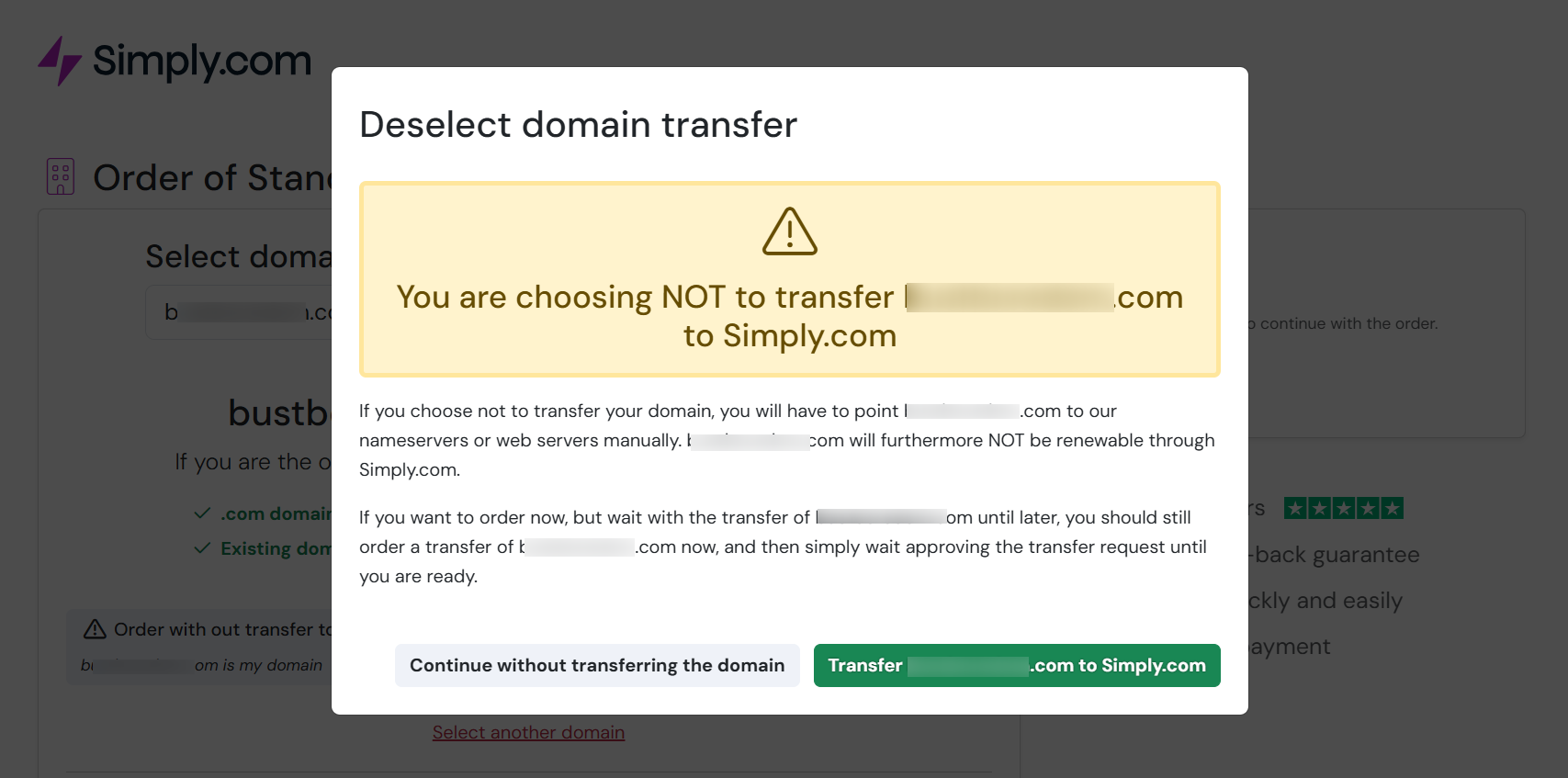 Simply.com Domain menu