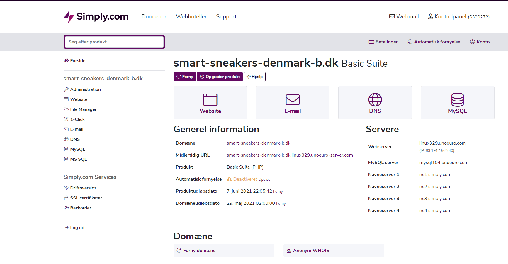 screenshot of Simply.com dashboard