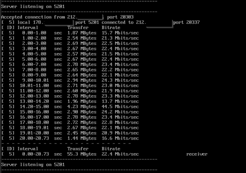 iperf test results screen.
