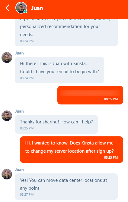 captura de pantalla de la conversación de chat en vivo de Kinsta