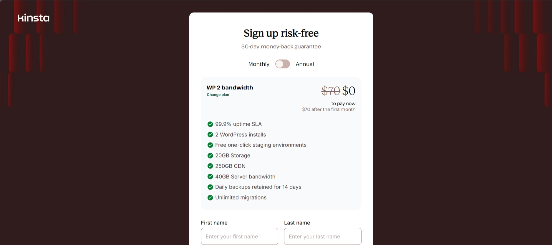 captura de pantalla del plan gratuito de Kinsta