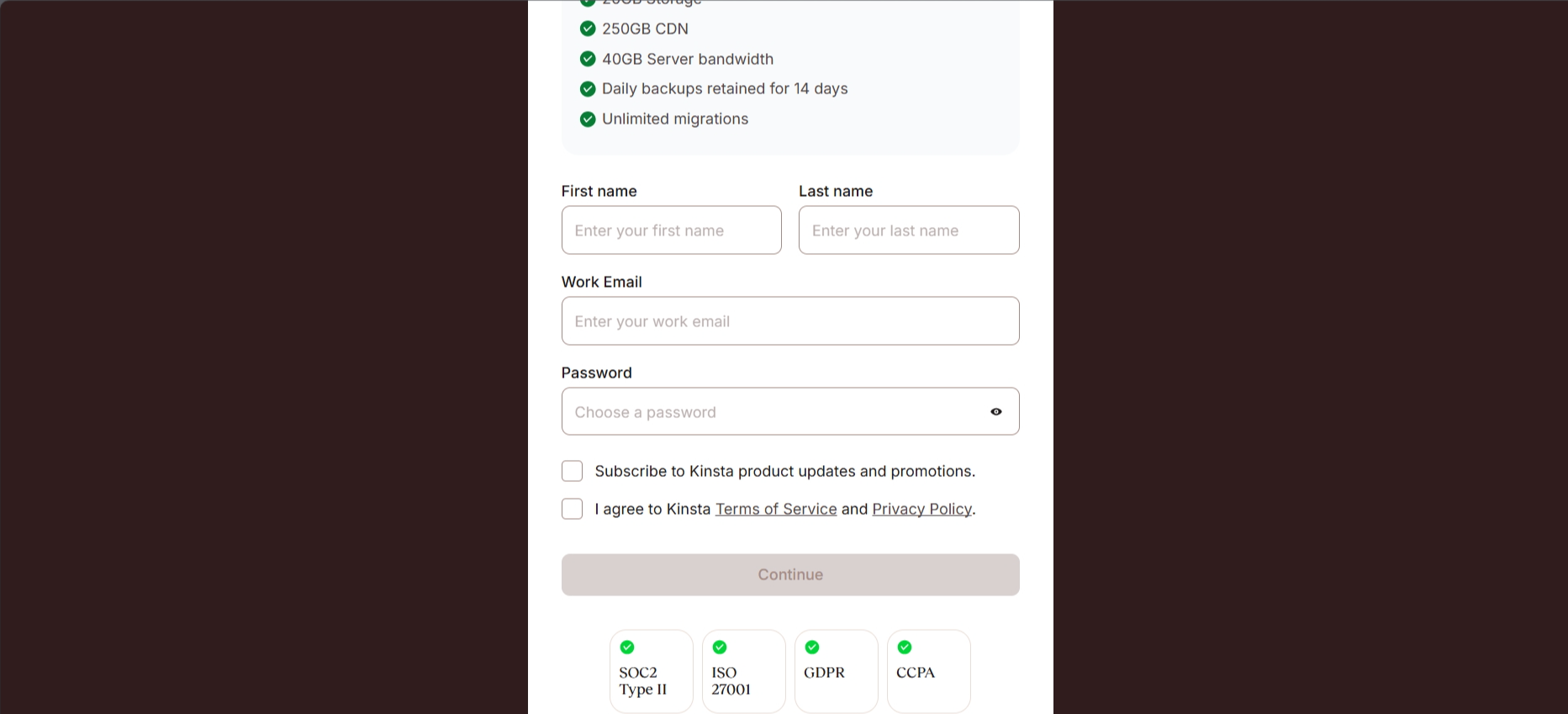 captura de pantalla de la pestaña 'Sign up' de Kinsta