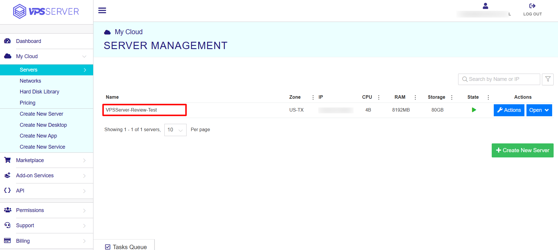 screenshot of Server Management tab