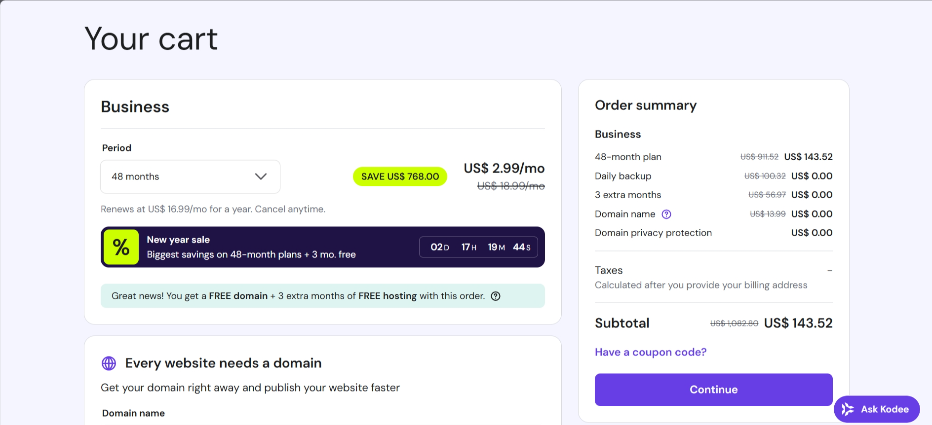 screenshot of Hostinger cart