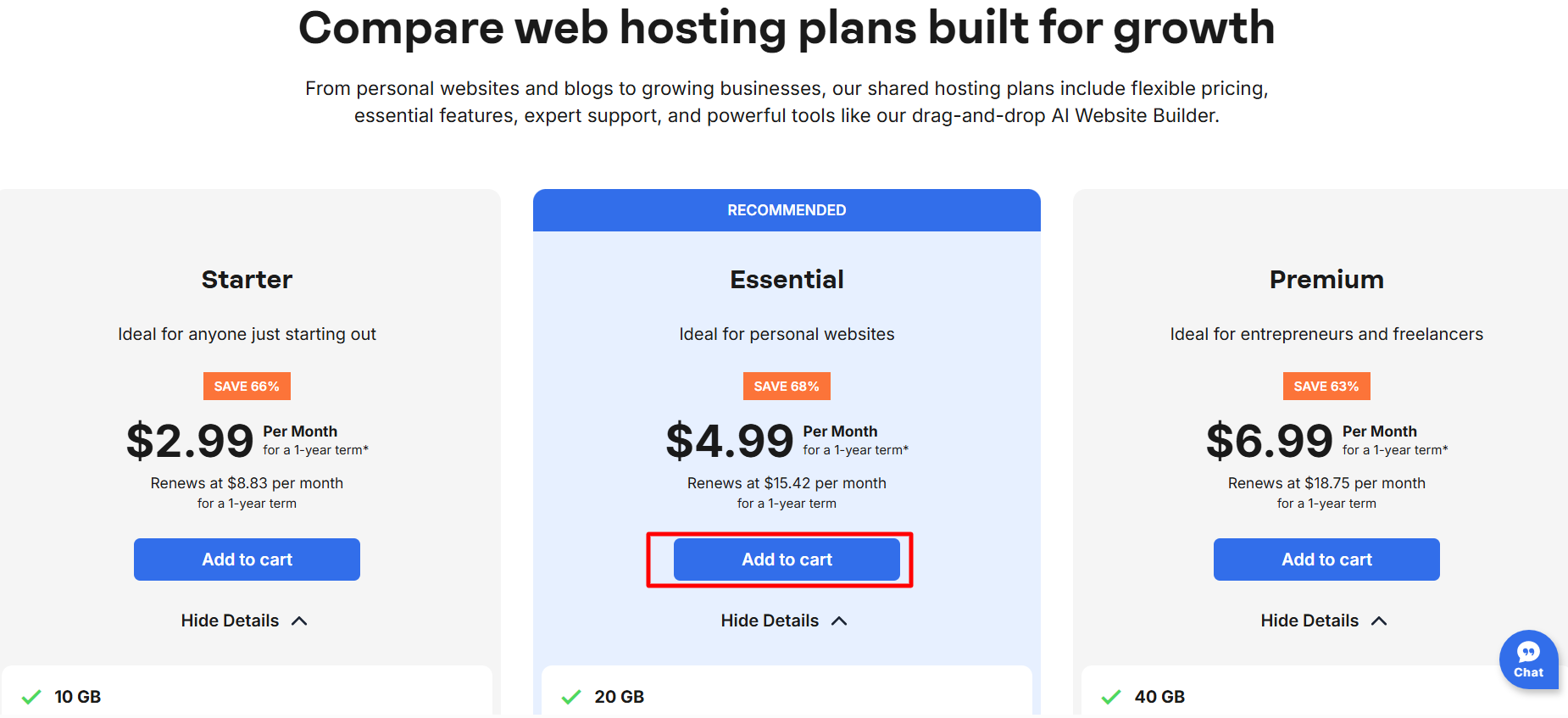 screenshot of Network Solutions hosting plans