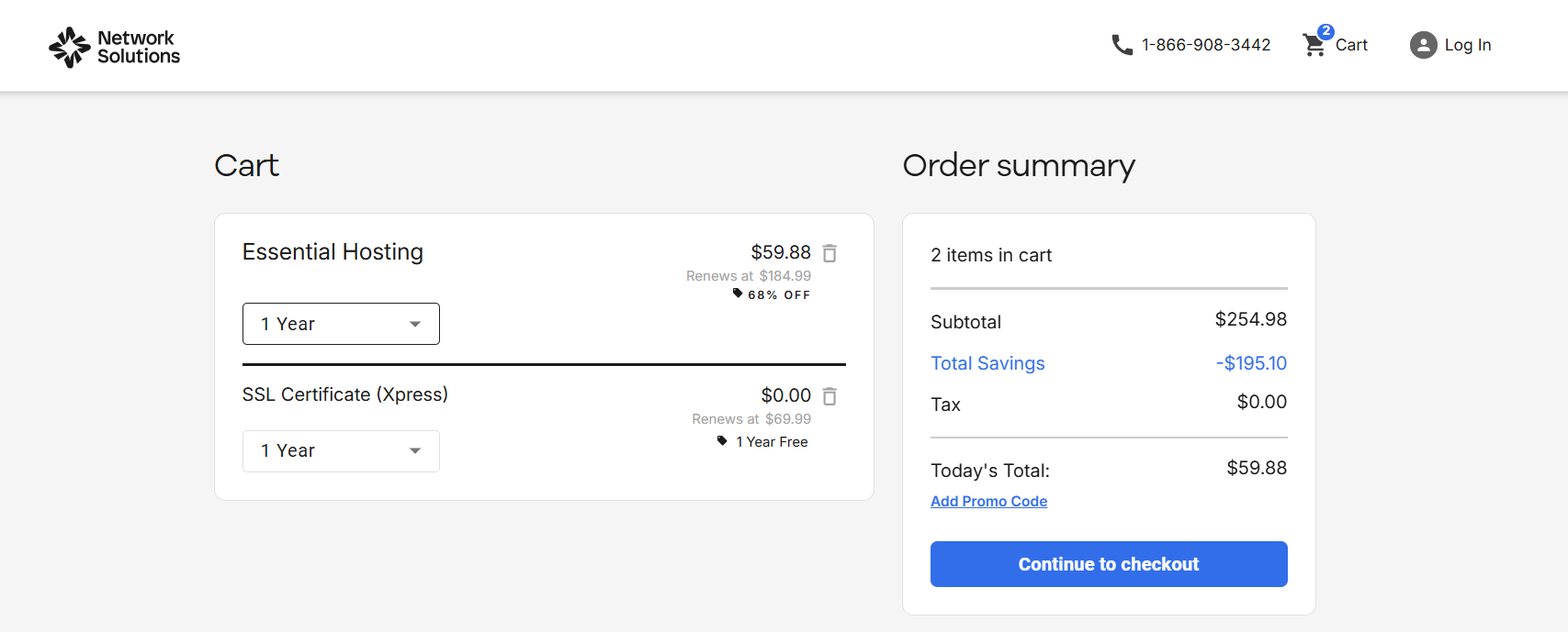 screenshot of Network Solutions cart