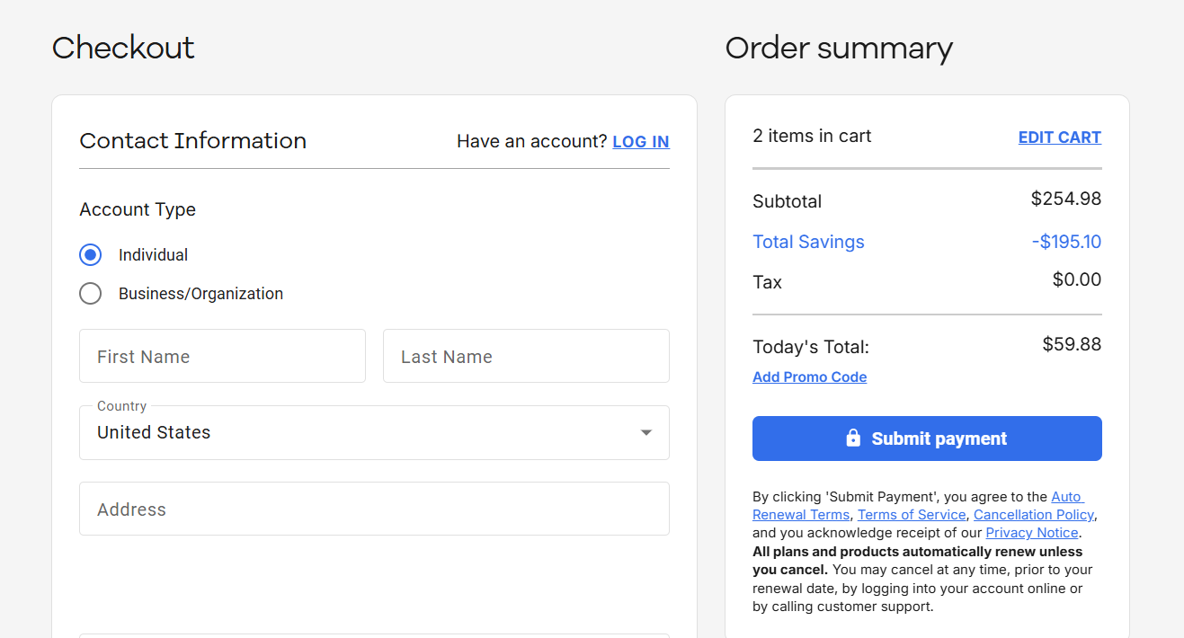 screenshot of Network Solutions checkout