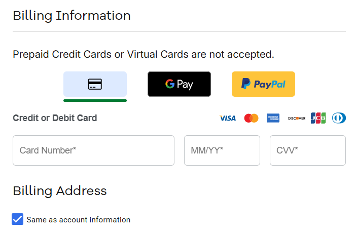 screenshot of Network Solutions Billing Information