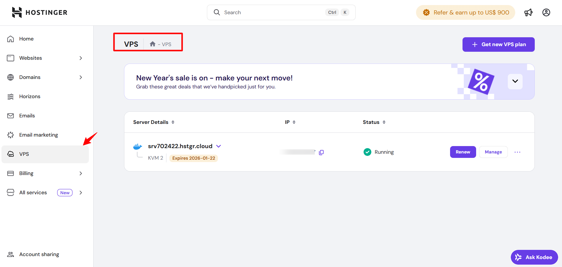 screenshot of Hostinger Dashboard 