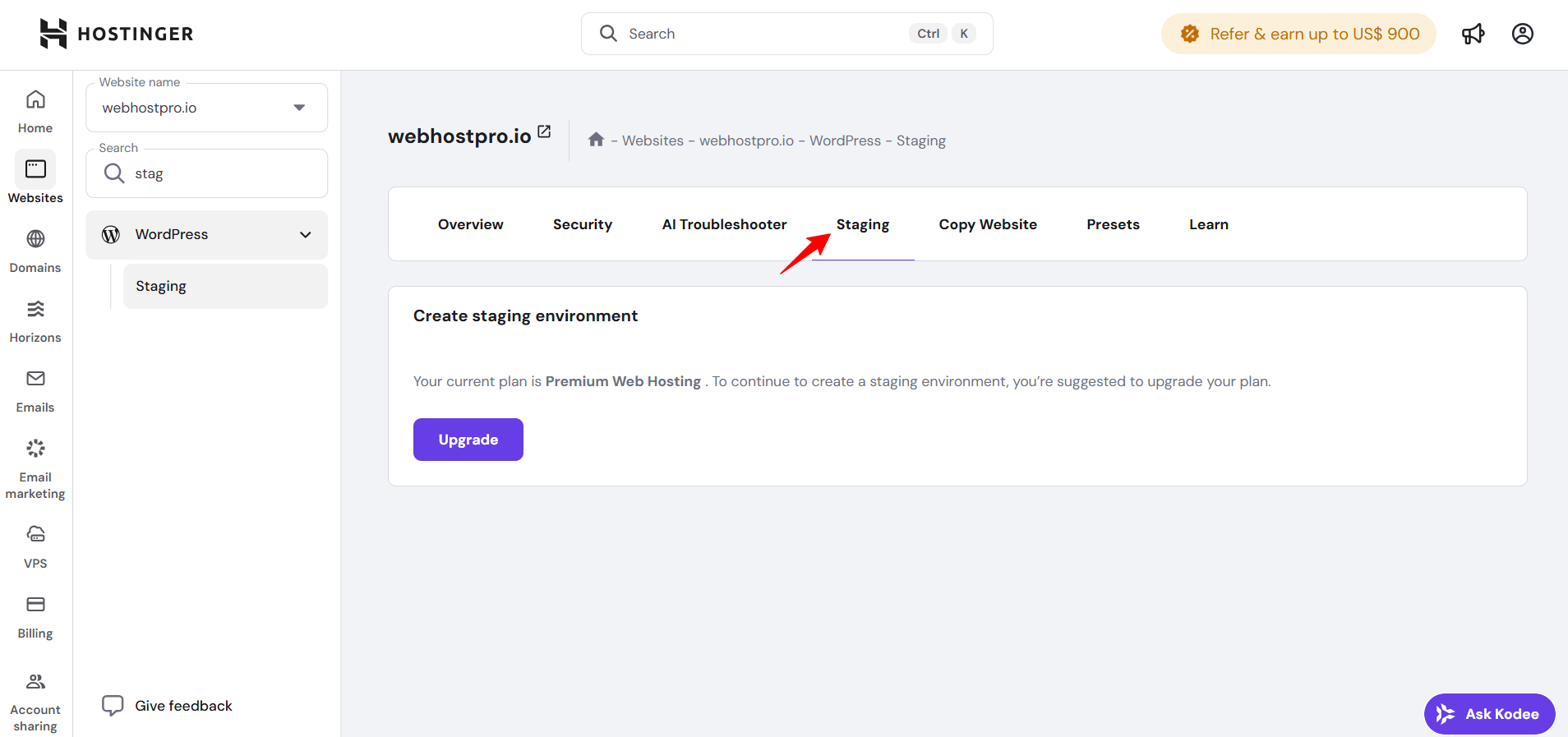 Screenshot of Hostinger 