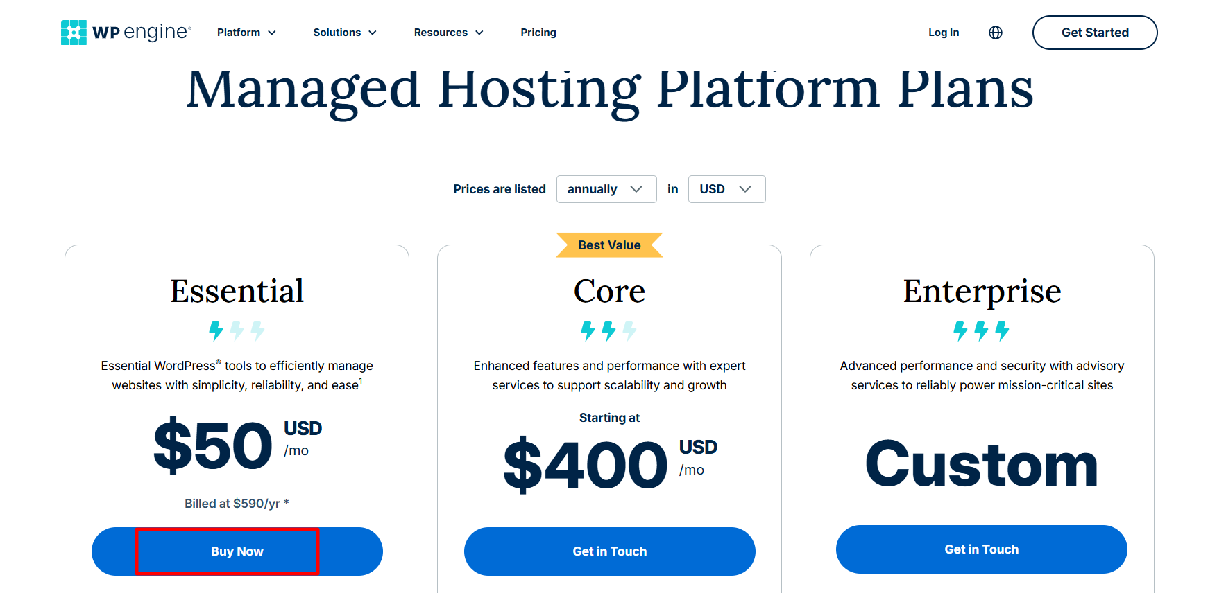 Screenshot of WP Engine Hosting Plans