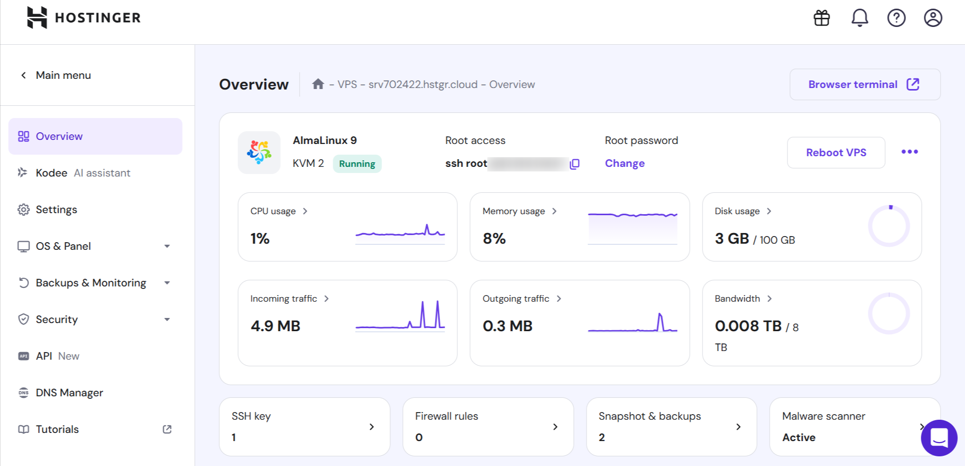 Screenshot of Hostinger Dashboard overview
