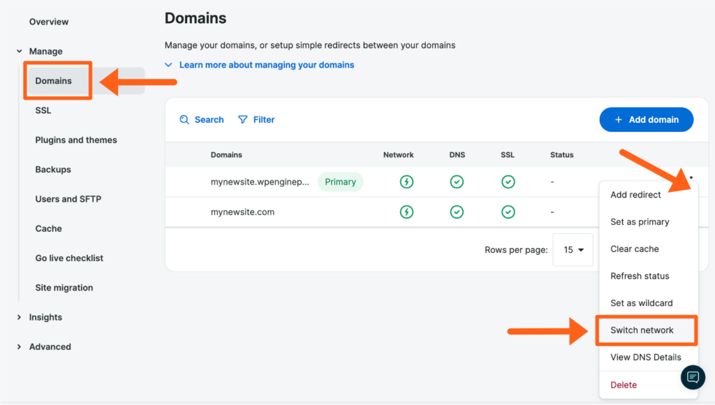 Screenshot of WP Engine dashboard 