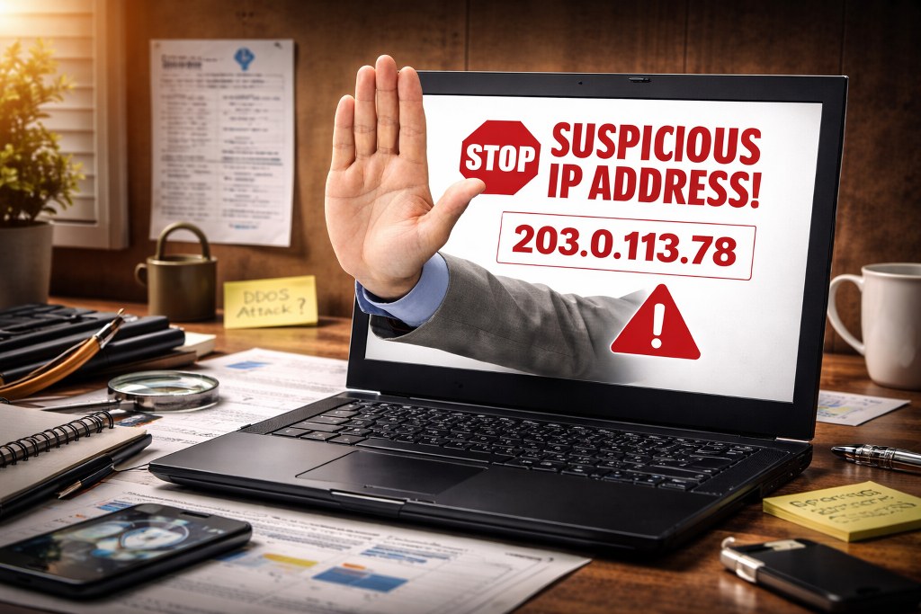 A bold stop gesture, blocking a highlighted suspicious IP address