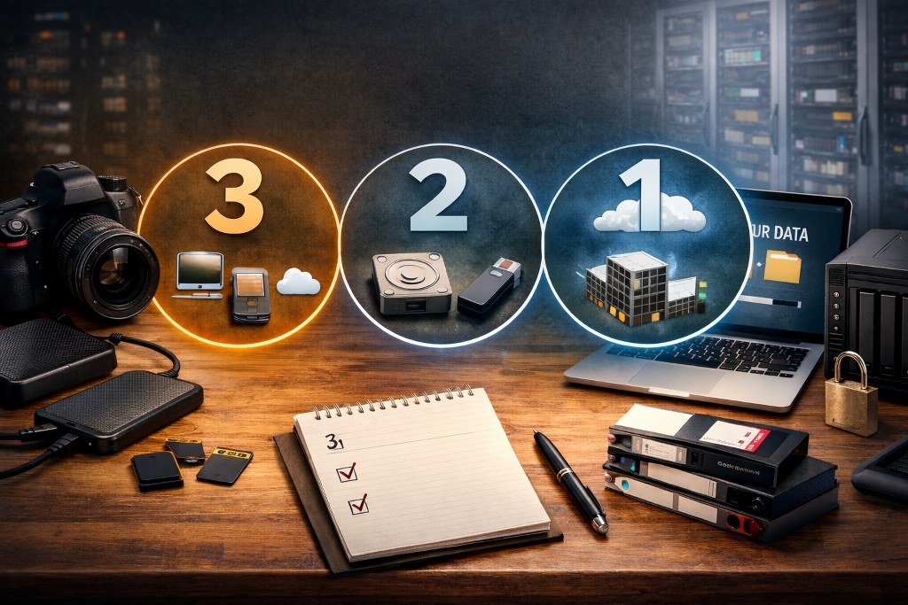 A clean, realistic hero image illustrating the 3,2,1 backup strategy
