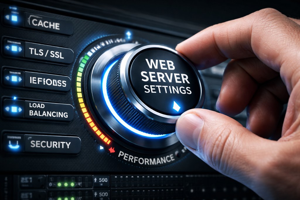 A close-up, realistic shot of a hand turning a glowing control dial labeled Web Server Settings