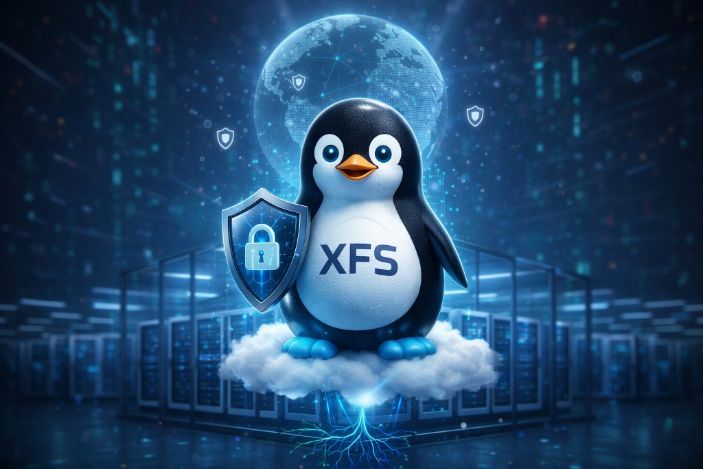 A cute, glossy penguin mascot standing on a cloud above glowing servers