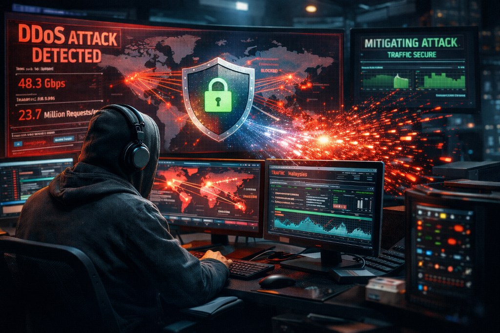 A cybersecurity professional monitors and defends a network in real time as a powerful DDoS attack