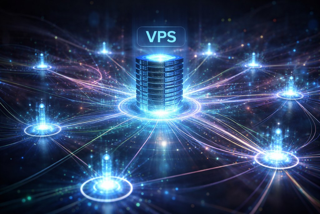 A digital painting depicting the abstract concept of a Virtual Private Server (VPS) location.