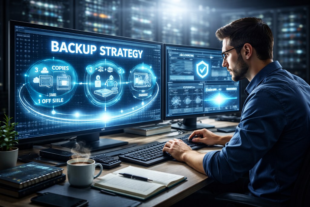 A focused system administrator in a modern server room designing a secure backup strategy