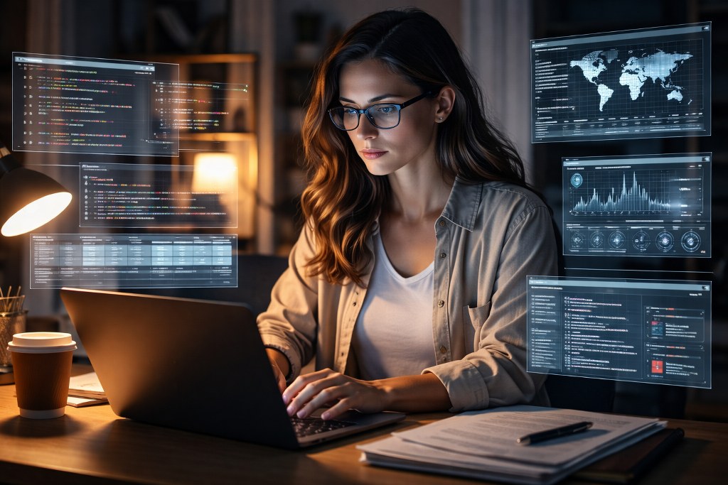 A focused woman works late at her laptop in a dimly lit workspace, surrounded by glowing holographic code