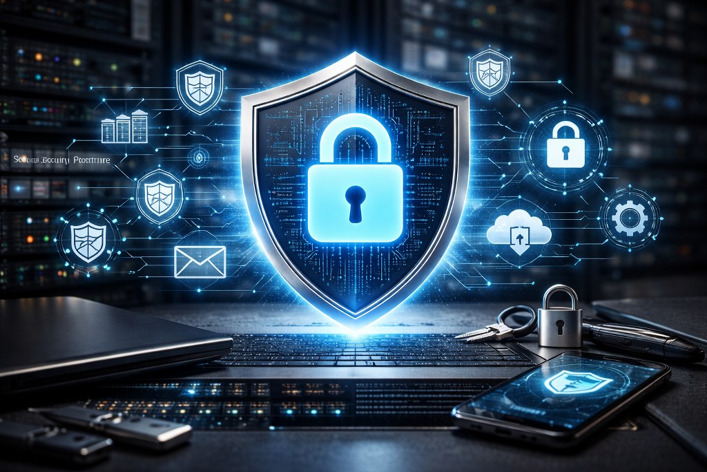 A hyper-realistic cybersecurity scene featuring a glowing shield and lock surrounded by protected digital systems