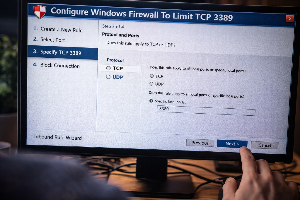 A hyperrealistic view of configuring Windows Firewall rules to restrict RDP access by limiting TCP port 3389.