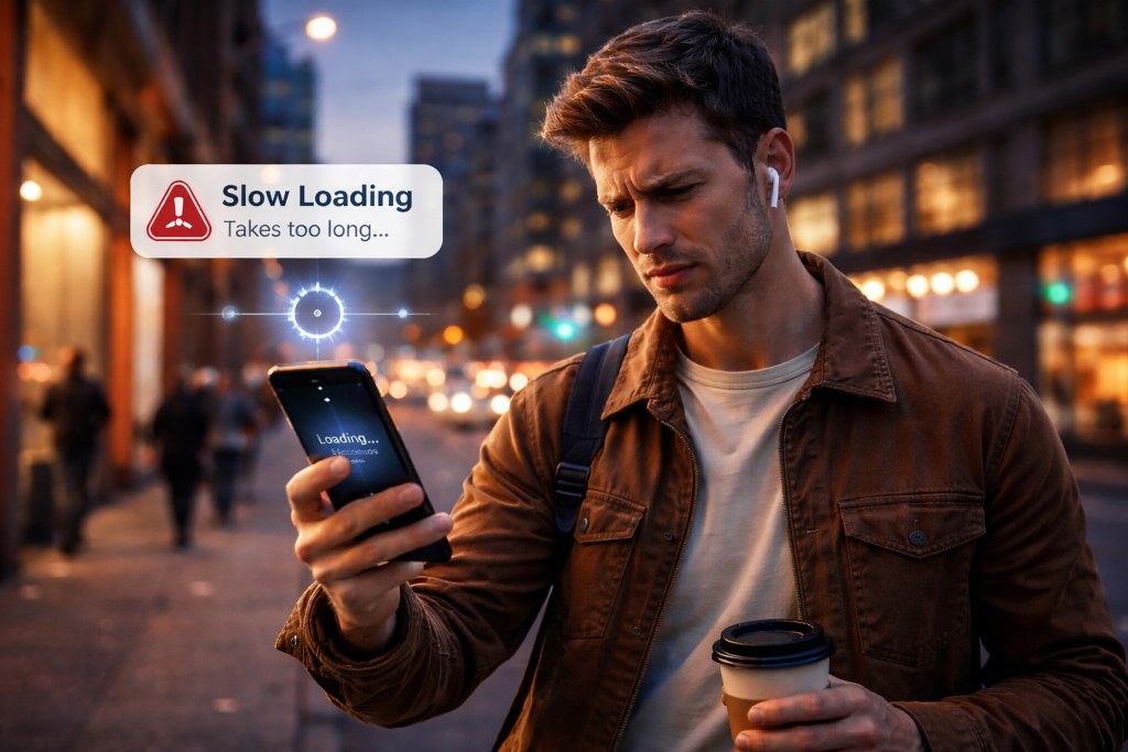 A mobile user abandons a slow-loading website after waiting too long for the page to respond.