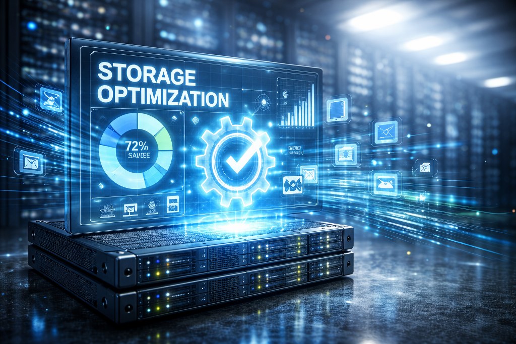 A modern data-center scene with glowing dashboards and flowing data streams, visually highlighting smarter storage use, reduced footprint, and optimized performance.