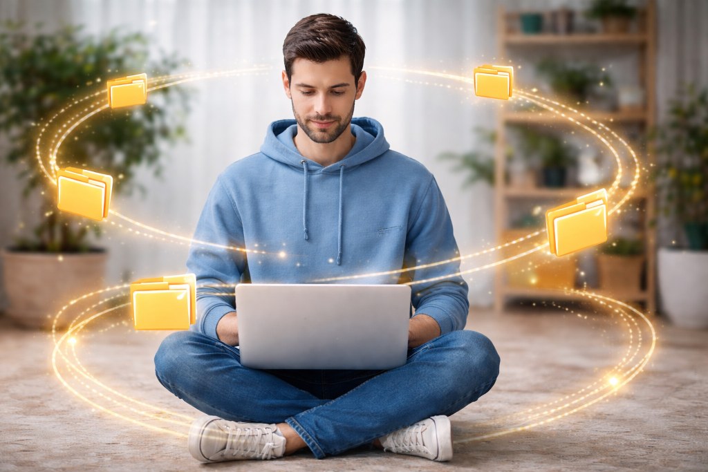 A person sitting cross-legged with a laptop
