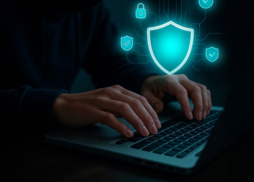 A person typing and a floating shield icon appearing on top.