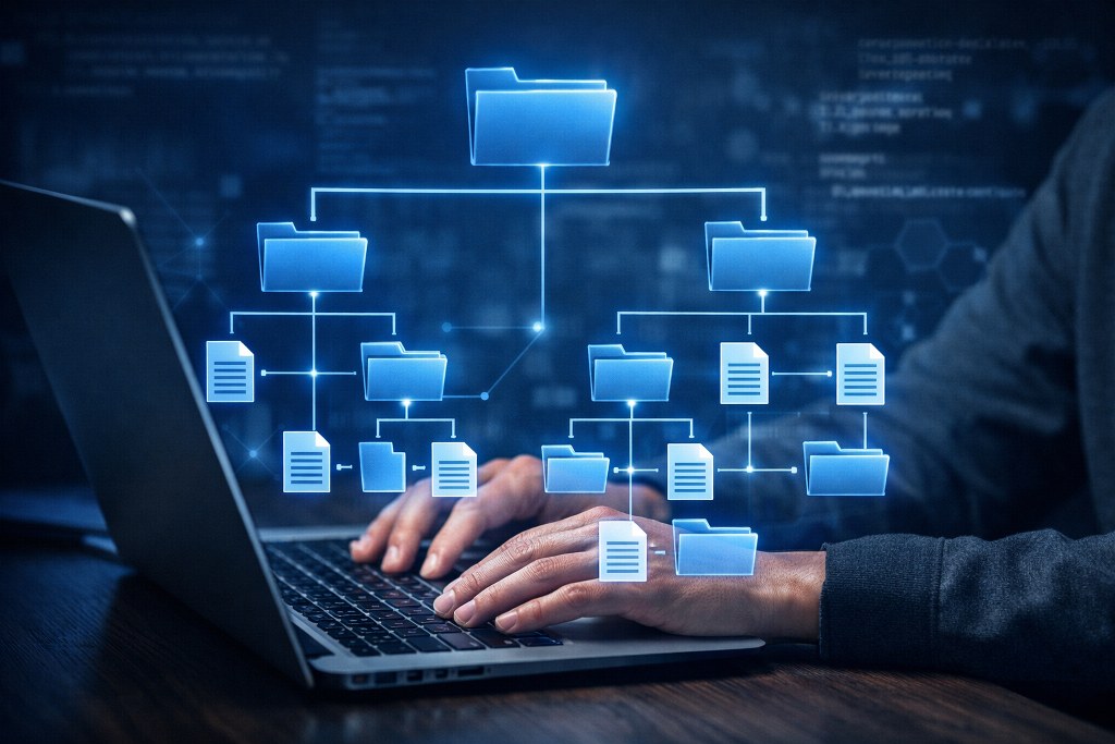 A professional works on a laptop as a glowing blue digital file system overlay
