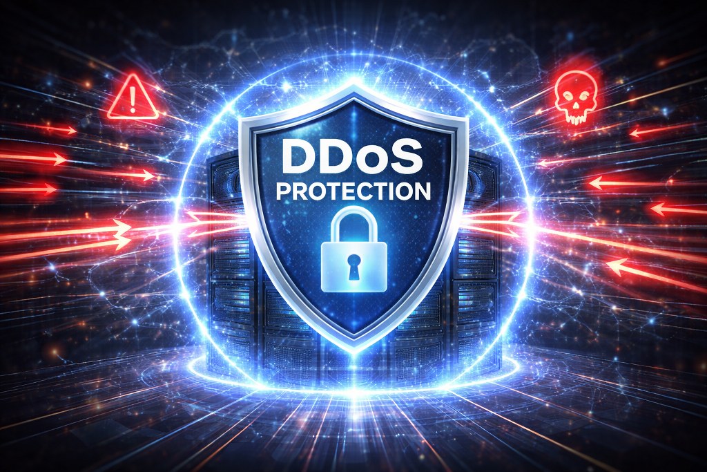 A protective security shield blocking massive malicious traffic to keep servers stable and online during attack attempts.