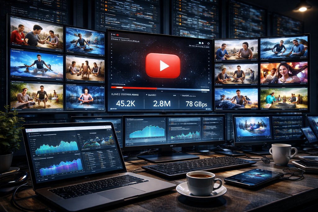 A realistic control room filled with screens streaming multiple videos and live analytics