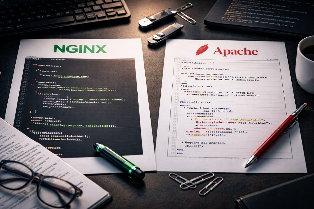 A realistic desk scene showing two side-by-side server configuration sheets with code-like layouts