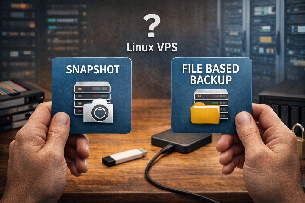A realistic, hands-on scene of a person weighing two backup choices, snapshot versus file-based.