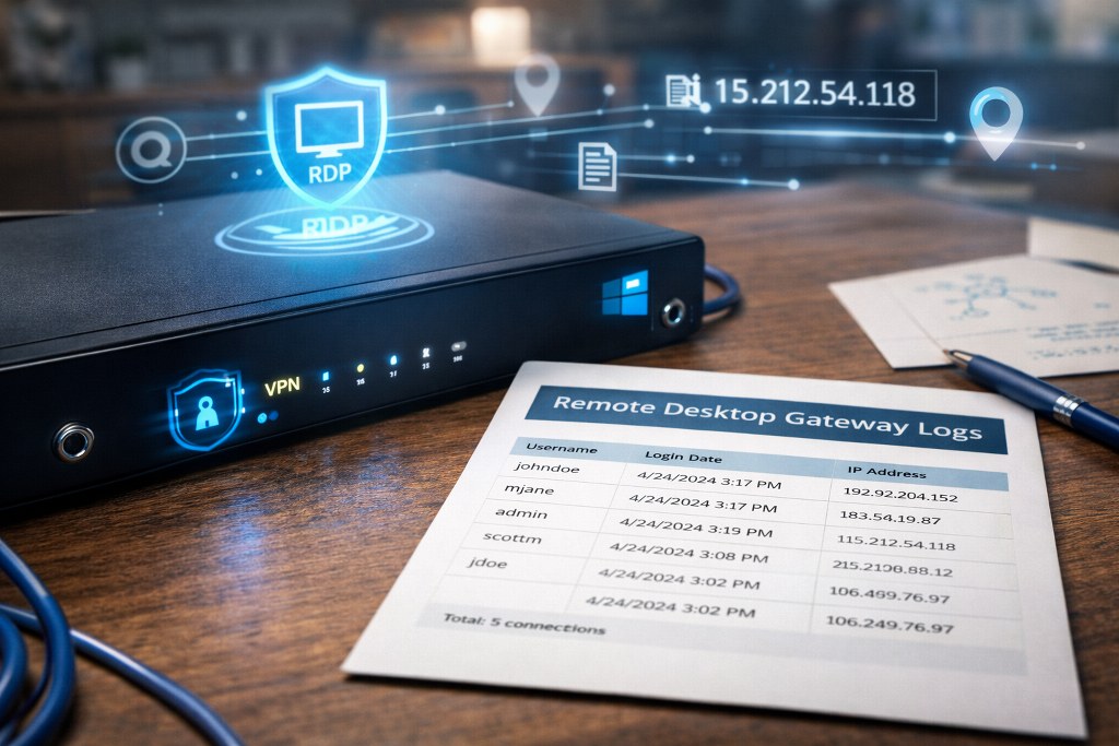A secure remote desktop gateway auditing every connection with clear records of user identity, access time, and source IP.