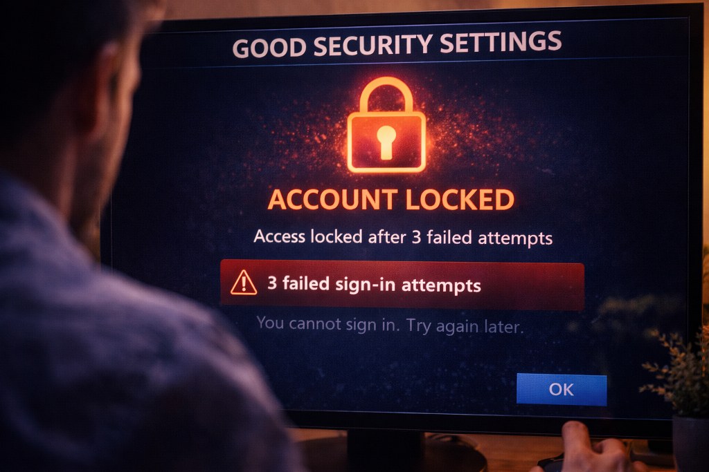 A security system locking an account after three failed login attempts, highlighting strong protection against unauthorized access.