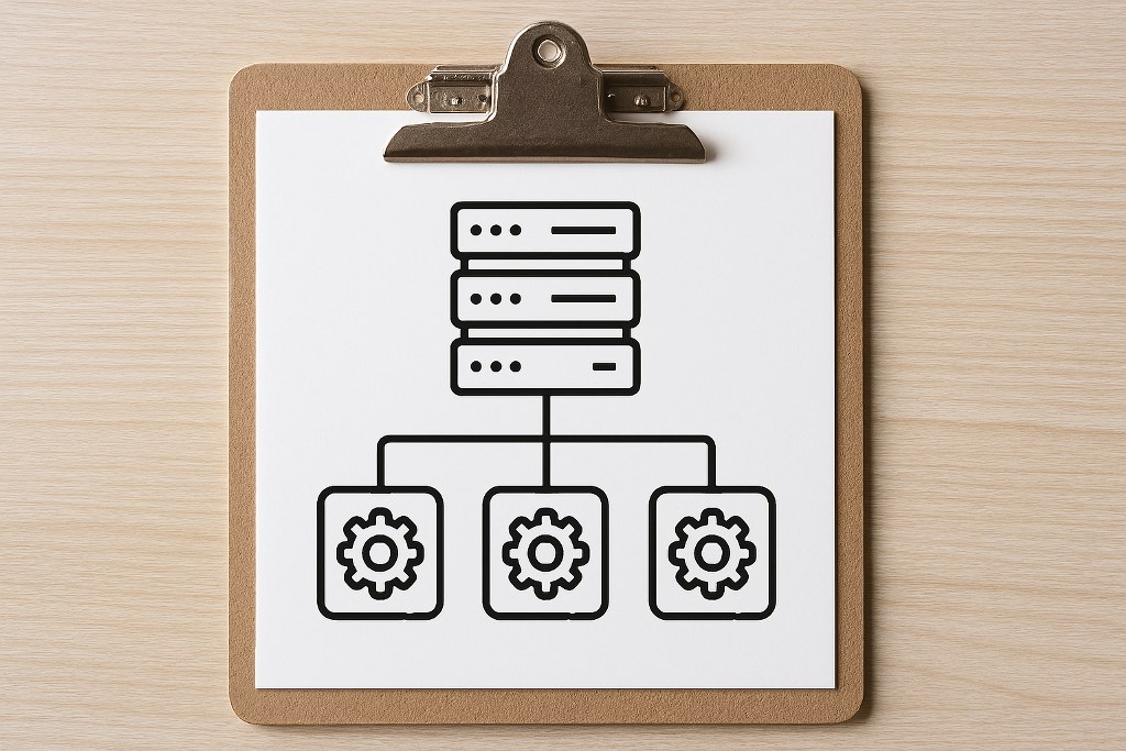A server icon showing various processes running on a clipboard.