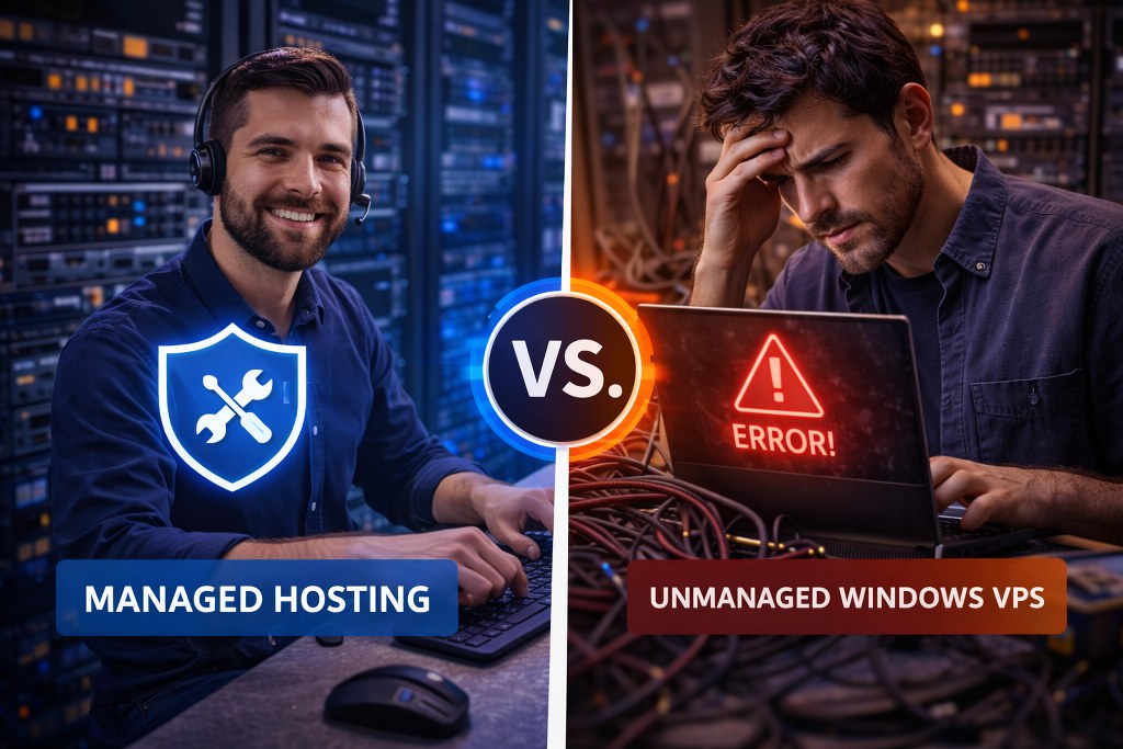 A side-by-side comparison showing managed hosting with expert support versus unmanaged Windows VPS