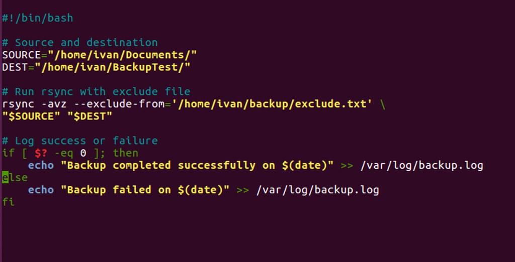 A simple Bash backup script using rsync with an exclude list and basic success-failure logging.