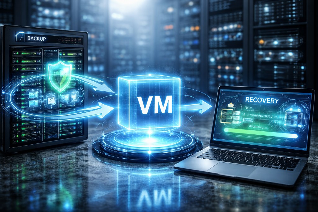 A sleek data-center scene showing a virtual machine instantly restored from backup
