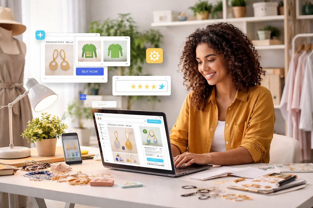 A small business owner using a laptop to build her first online store, surrounded by her products and workspace
