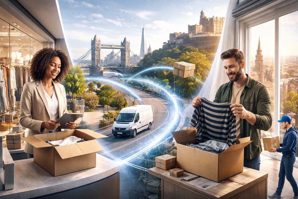 A split-scene shows a London retailer packing orders while a customer in