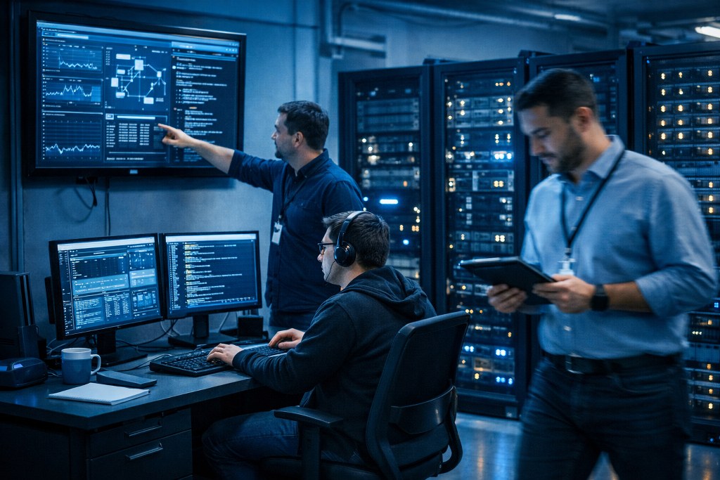 A team collaboration, system monitoring, or server management, likely related to IT operations, network administration, or cybersecurity.