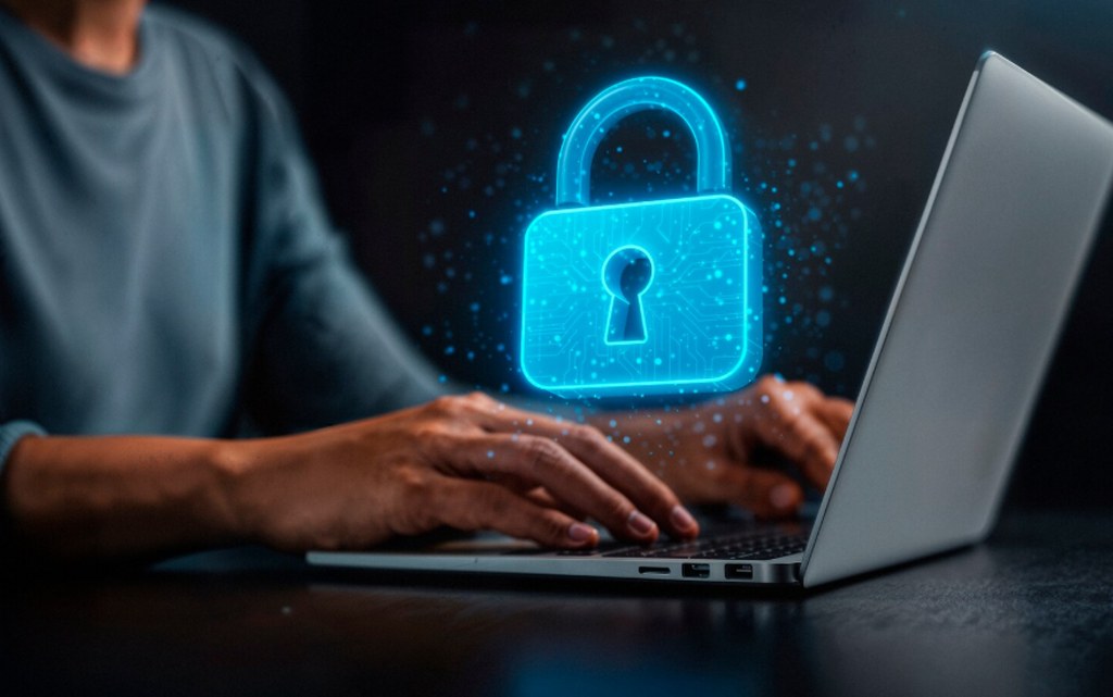 A user typing on his laptop as a padlock floats nearby.