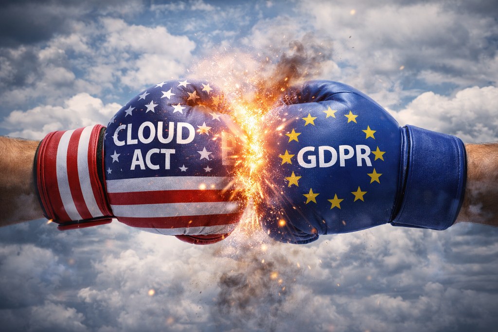 A visual clash highlighting the tension between U.S. data access laws and European privacy protections.