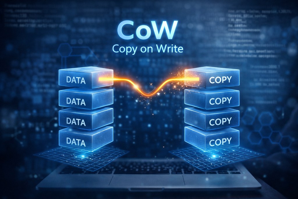 A visual illustration of Copy on Write (CoW) showing original data blocks