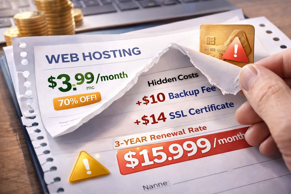 A web hosting invoice revealing hidden fees and higher renewal rates behind a low promotional price