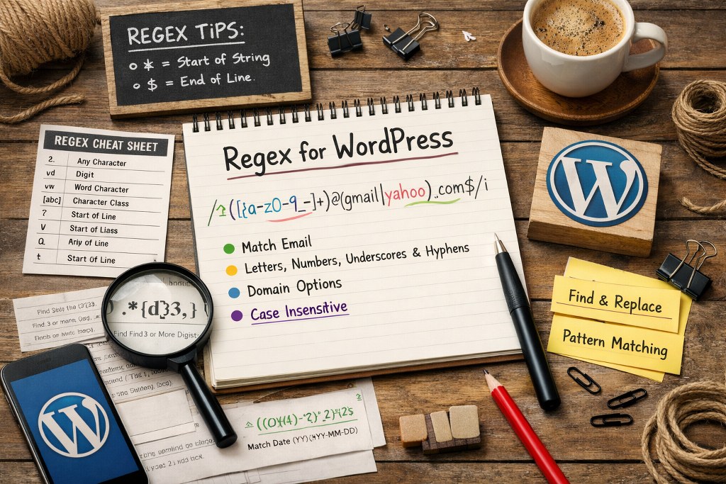 A wooden desk with a handwritten notebook titled Regex for WordPress